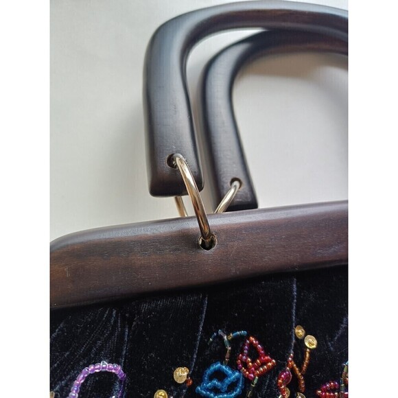 Vintage Style Satchel Purse Wood Handle Black & Multi Colored Beaded Hand Sewn - Picture 4 of 7